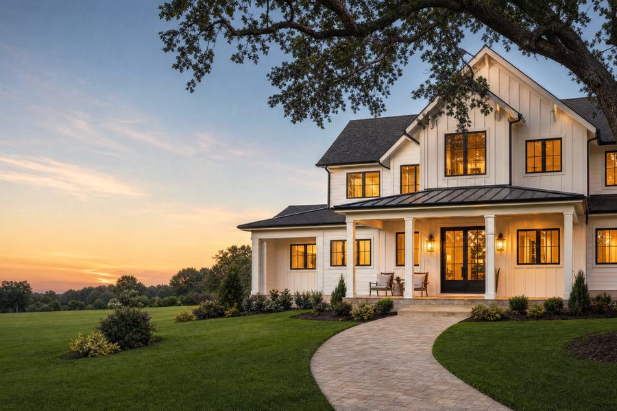 Family home at dusk with lights on