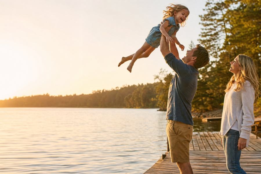 Father lifting his daughter on a lake dock