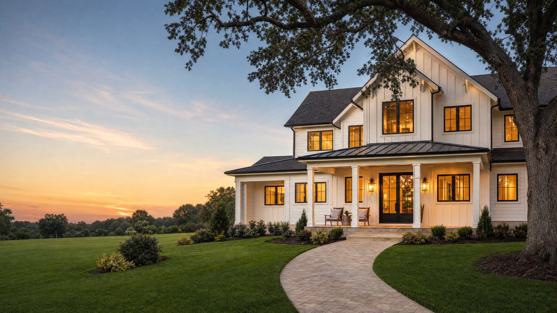 Modern farmhouse at dusk