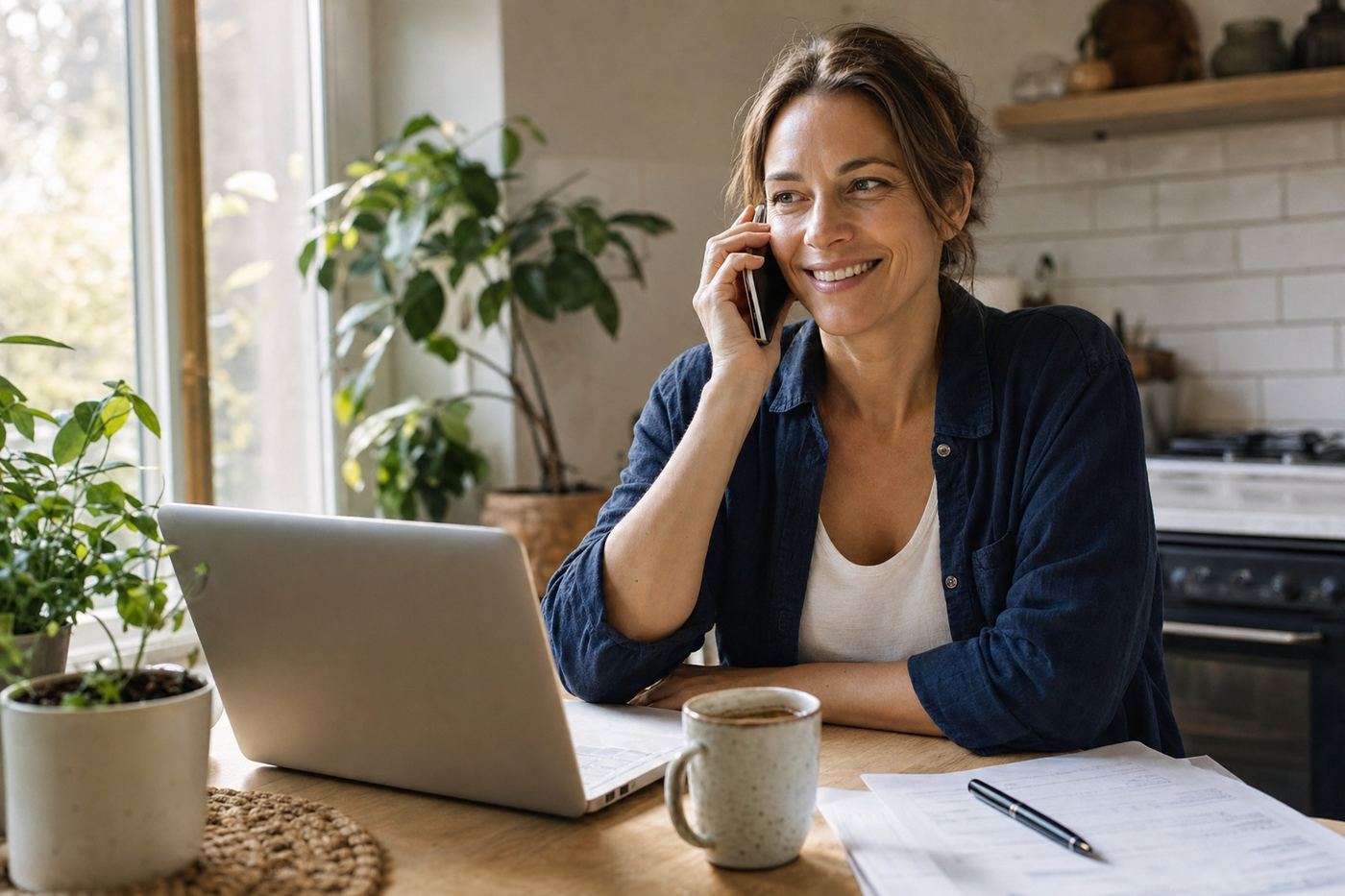 Woman at her kitchen table on the phone